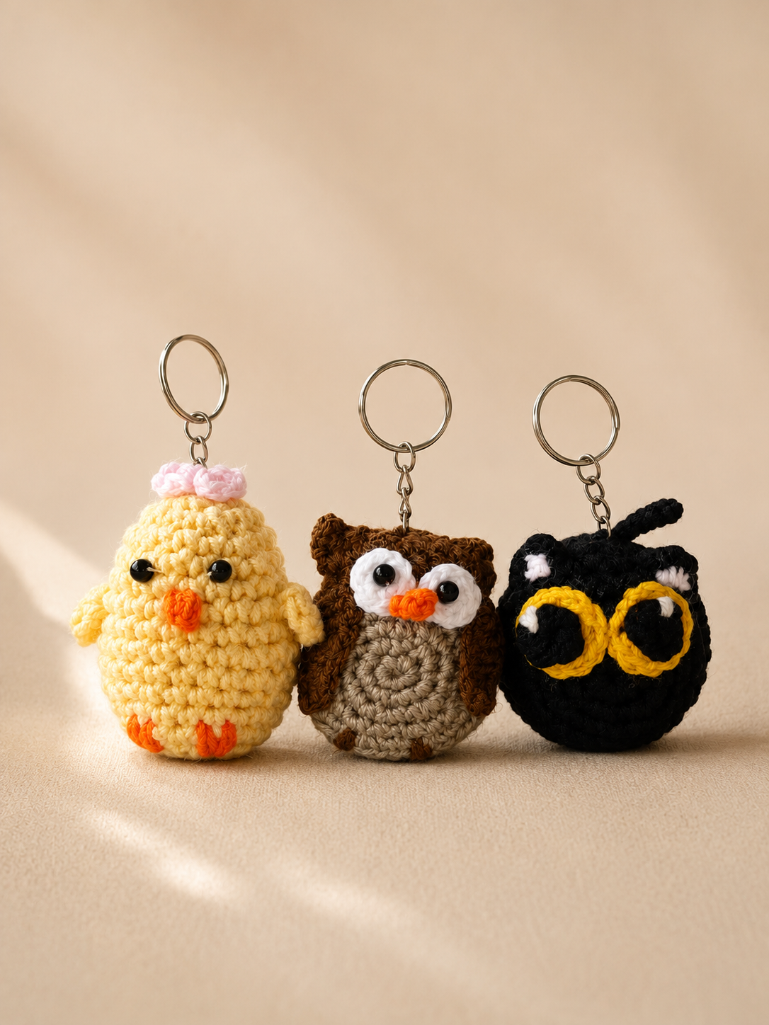 Handmade crochet animal keychain bundle featuring duck, owl and black cat by Yarnbloompk