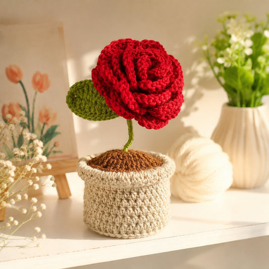 Close-up of red handmade crochet rose flower