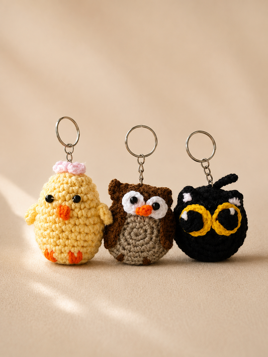 Handmade crochet animal keychain bundle featuring duck, owl and black cat by Yarnbloompk